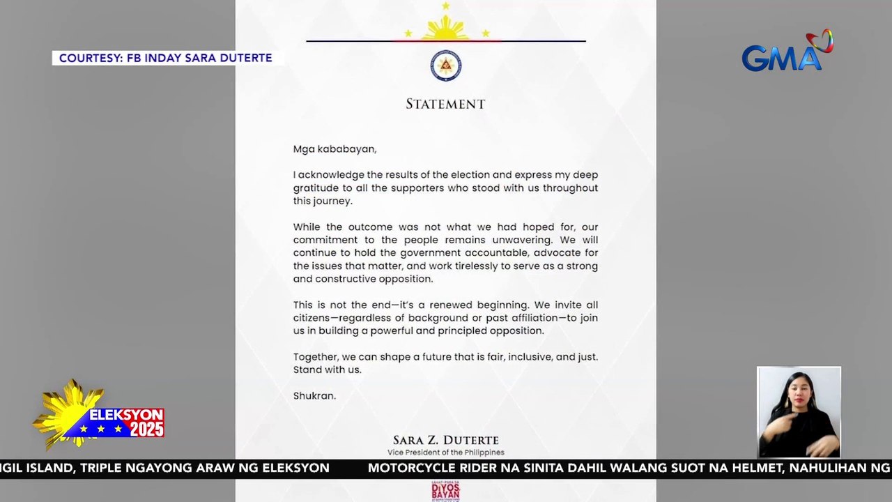 VP Duterte, kinikilala ang resulta ng eleksyon at nagpapasalamat sa lahat ng mga tagasuporta | Eleksyon 2025