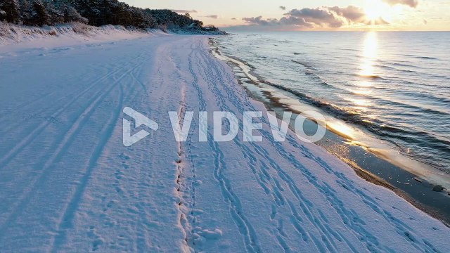 Aerial footage of beach covered with snow, sunny winter day at the sunset, golden hour, Nordic woodland pine tree forest, Baltic sea coast, wide drone shot moving forward low