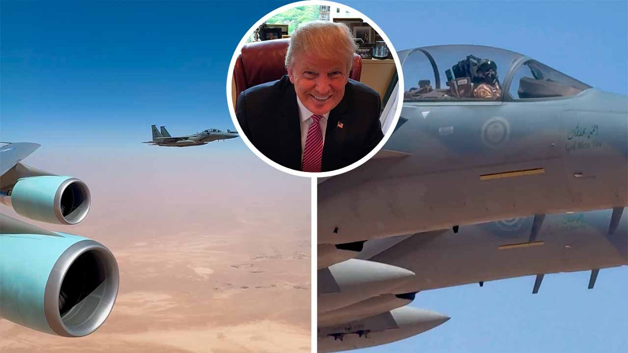Video: F-15-hävittäjät saattavat Air Force One -konetta Trumpin saapuessa Saudi-Arabiaan