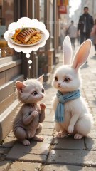 Cute rabbit helps a starving kitten