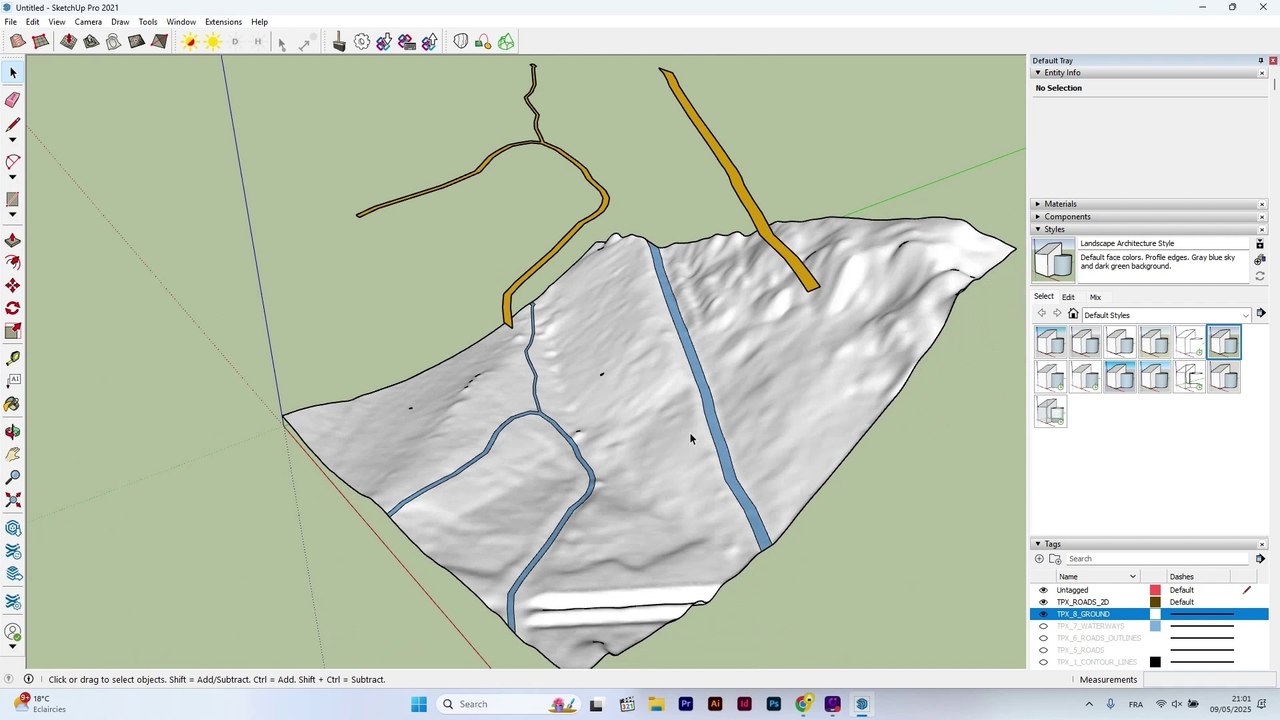 TopoExport.com - How to Project 2D Road Outlines onto a 3D Ground Mesh in SketchUp - Method 2