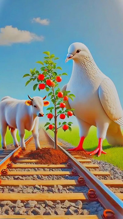 A cow and pigeon duo planted an apple tree on the railway line . #animals #firebrigade😱 #facebookviral #jalpari #foryouシ #BunnyAdventure #trend #amazingfacts #animation #indian #bestoftheday #trending #explore  #cartoon #Amazing #shorts #AI #duck #anima