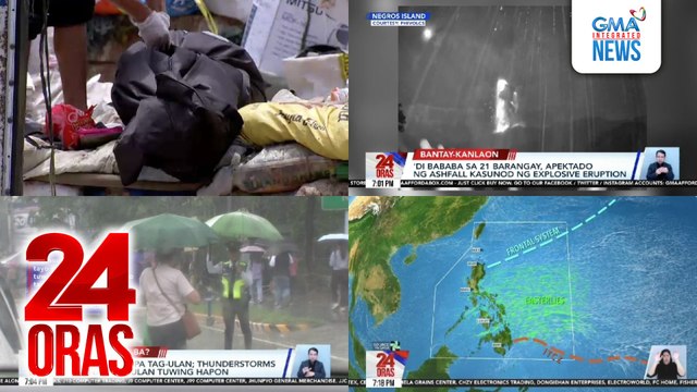 24 Oras: (Part 2) Labi ng babae, natagpuan sa garbage bag; 'di bababa sa 21 barangay, apektado ng ashfall kasunod ng explosive eruption ng Bulkang Kanlaon; pag-ulan, ilang araw nang nararanasan sa gitna ng mainit na panahon sa Metro Manila, atbp.
