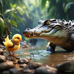 Friendship of chicks and crockodile