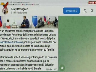 Venezuela agradece al embajador Gianluca Rampolla y a la UNICEF por apoyo en el rescate de Maikelys