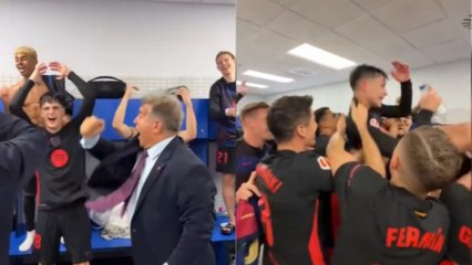 Así fue la celebración de los azulgranas en el vestuario: Manteo a Pedri, Laporta desatado...