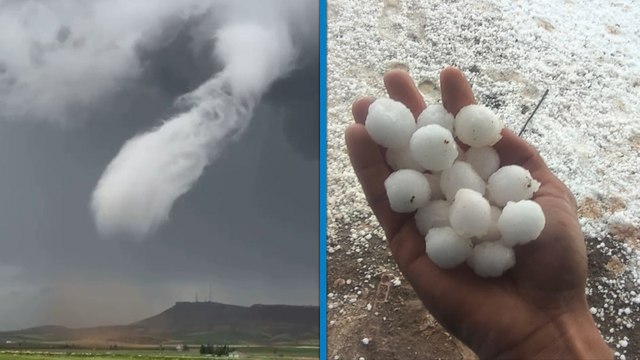 Mardin'de dolu tarım arazilerine zarar verdi; oluşan hortum kamerada