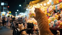 Ginger Mom Cat Makes Skewers to Sell at Night Market, Buys Electric Mouse Toys–Kittens Have a Blas