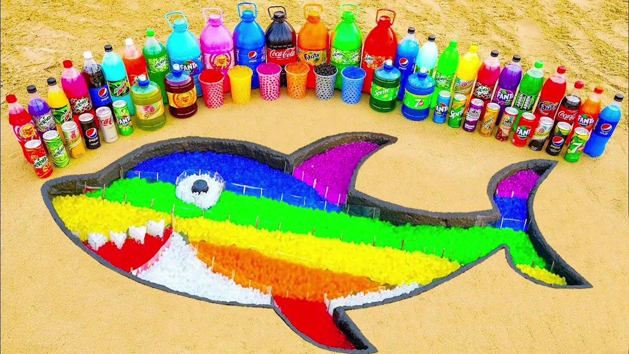 How to make Rainbow Bull Shark with Orbeez, Big Fanta, Monster, Coca-Cola vs Mentos & Popular Sodas