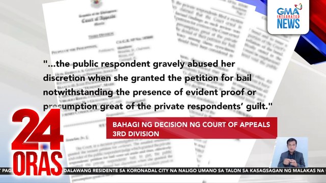 Pinanindigan ng Court of Appeals ang nauna nitong desisyong ipawalang-bisa ang pagbibigay ng piyansa sa anim na akusado sa pagkawala ng anim na sabungero sa Manila Arena noong 2022 | 24 Oras