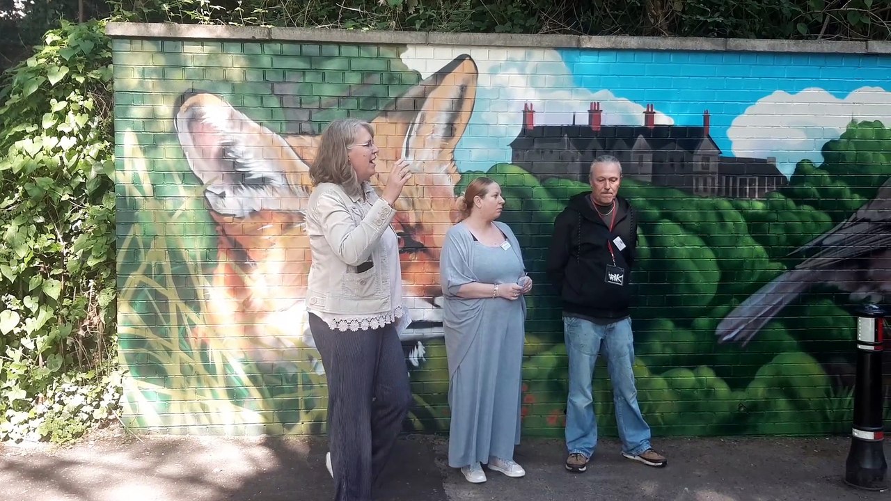 Tim Robottom of Brink Contemporary Arts, Janette Eslick, a Trustee at Priory Pools Community Centre and Amanda Burford, Chair of Priory Pools Community Centre and member of Packmores Residents Association address the crowd who were invited to celebrate th