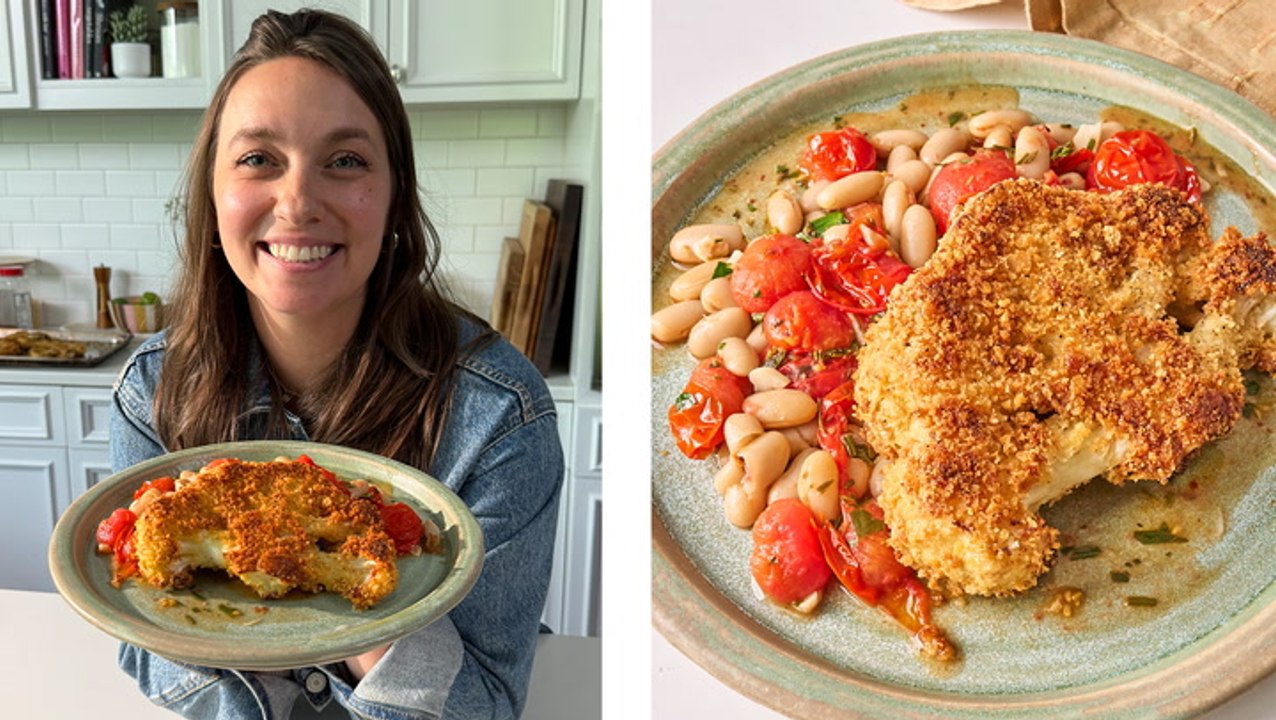 How to Make Parmesan-Crusted Cauliflower with White Beans & Tomatoes