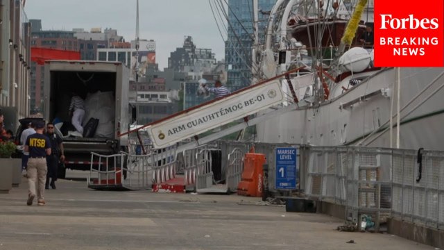 Items Are Removed From Mexican Vessel Cuauhtémoc As It Remains Docked In NYC After Bridge Collision