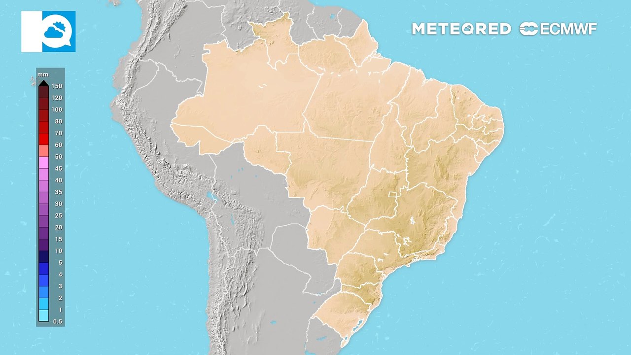 Terça-feira, 20 de maio: Mapa de precipitação acumulada até quinta-feira mostra as áreas com maiores volumes de precipitação sobre o país.