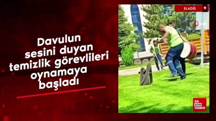 Elazığ'da davulun sesini duyan temizlik görevlileri, oynamaya başladı