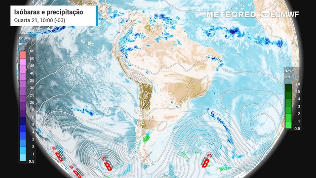 Quarta-feira: 21 de maio: Previsão de precipitação e nebulosidade para os próximos dias.
