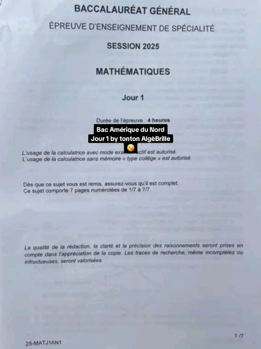 Sujet du Bac de Maths 2025 tombé le 21/05/25 en Amérique du Nord Jour 1.#bac #bac2025 #bacmaths