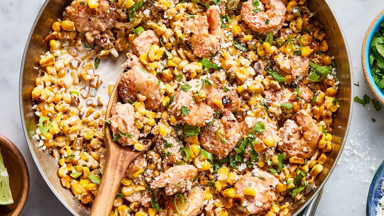 Elote Lovers—You'll Be Obsessed With This Shrimp Street Corn Skillet