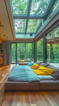 Spacious Modern Bedroom with Skylight, Forest Views, Light-Gray-Blue Bed, Mustard Walls, Wooden Cabinetry, and Serene Natural Light Decor.#reel#reelinstagram#reelfacebook#fyp#foryou