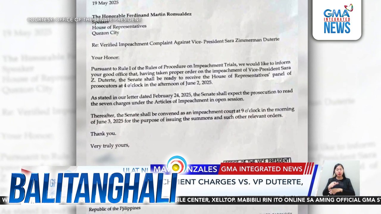 Pag-convene ng senate impeachment court na lilitis kay VP Duterte, itinakda ni Senate President Escudero sa June 3 | Balitanghali