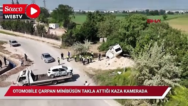 Otomobile çarpan minibüsün takla attığı kaza kamerada