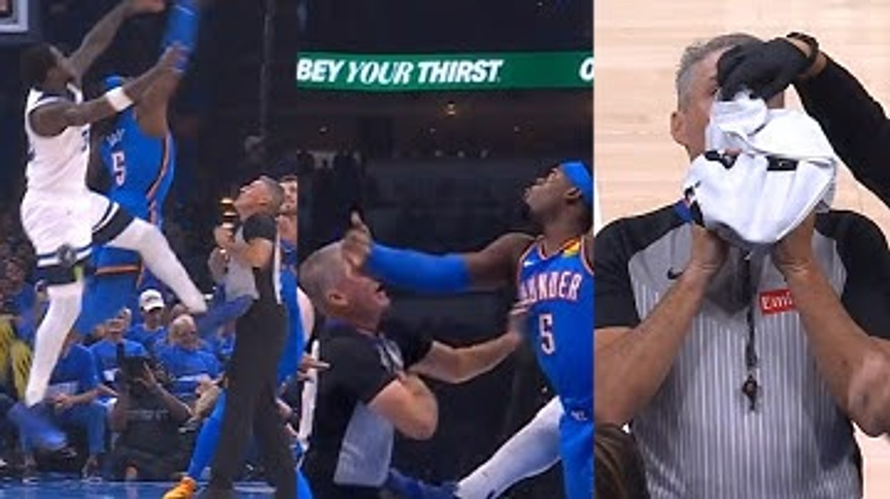 Scott Foster gets kicked by Julius Randle and hit in face by Lu Dort on jump ball