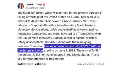 트럼프 "6월부터 유럽연합에 50% 관세 부과 제안" / YTN