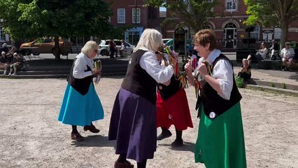 St Clement's Clog Ladies from Kent danced in Crediton Town Square, video Alan Quick IMG_2046