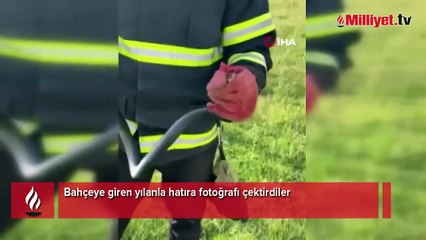 Bahçeye giren yılanla hatıra fotoğrafı çektirdiler