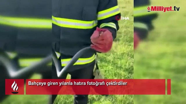 Bahçeye giren yılanla hatıra fotoğrafı çektirdiler
