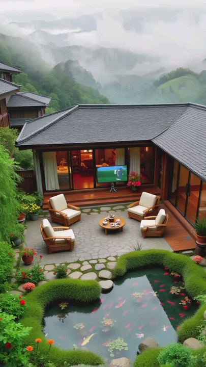 Courtyard with Koi Pond, Elegant Wicker Furniture, Lush Greenery, and Misty Mountain Views in Tranquil Setting.#reel