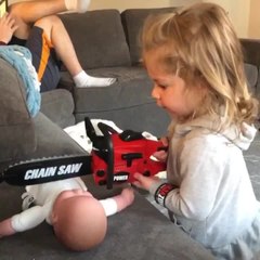 Toddler Pretends to Cut Her Toy Baby Using Her Toy Chainsaw
