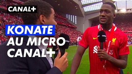 Ibrahima Konaté s'exprime lors de la célébration du titre de Liverpool