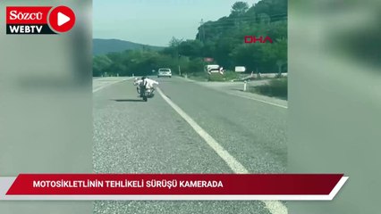 Motosikletlinin tehlikeli sürüşü kamerada