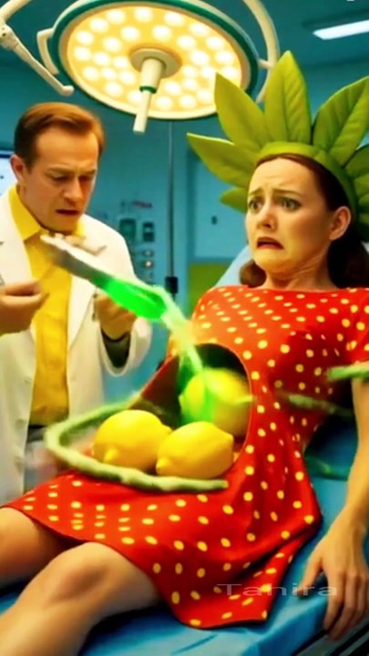 Title: Fruit Surgery Gone Wrong: A Surreal Medical Fantasy  Tags: surreal, fantasy art, fruit person, medical scene, weird art, bizarre, imaginative, hyperrealism, digital art, strawberry dress, lemons, giant syringe, humorous art, creative concept, stran