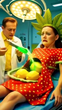 Title: Fruit Surgery Gone Wrong: A Surreal Medical Fantasy Tags: surreal, fantasy art, fruit person, medical scene, weird art, bizarre, imaginative, hyperrealism, digital art, strawberry dress, lemons, giant syringe, humorous art, creative concept, stran