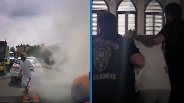 Trafikte tartıştığı bıçaklı saldırgana yangın tüpüyle karşılık verdi; saldırgan yakalandı