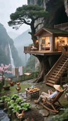 Whimsical Treehouse Cabin with Garden, Waterfall Backdrop, Misty Atmosphere, Rocking Chair, Tea Table, and Serene Hillside Forest Escape.