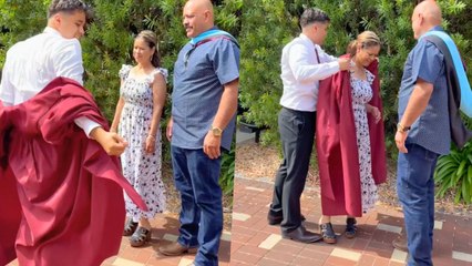 Un hijo sorprende a sus padres inmigrantes con toga y birrete en la ceremonia de graduación