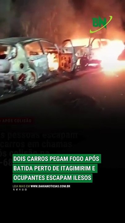 VÍDEO: Dois carros pegam fogo após batida perto de Itagimirim e ocupantes escapam ilesos