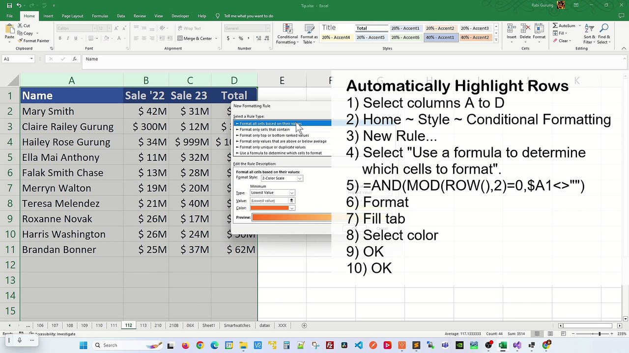 Apply color to alternate rows or columns in Excel - Excel Tips and Tricks
