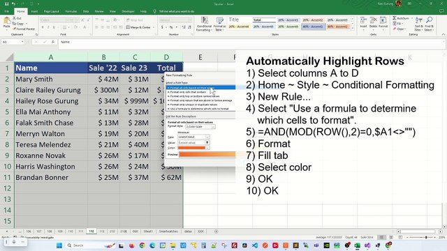 Apply color to alternate rows or columns in Excel - Excel Tips and Tricks