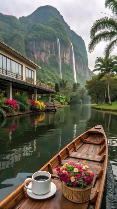 Rowboat by Tropical River, Waterfall, and Resort with Flowers, Coffee, and Palm Trees Reflecting Nature’s Beauty.#peacefulvibes#calming#retreat#unwind#escape#tranquility#followforfollowback