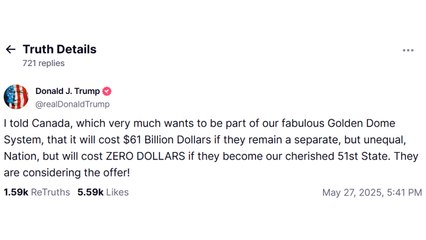 트럼프 "캐나다, 51번째 주 되면 골든돔 공짜...아니면 84조 원" / YTN