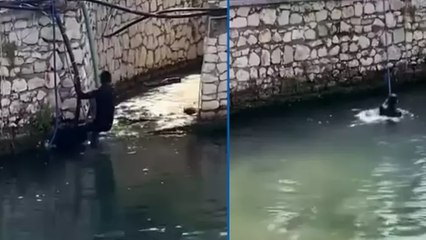 Polisi görünce atladığı derede boğulma tehlikesi yaşadı, hortumla kurtarıldı