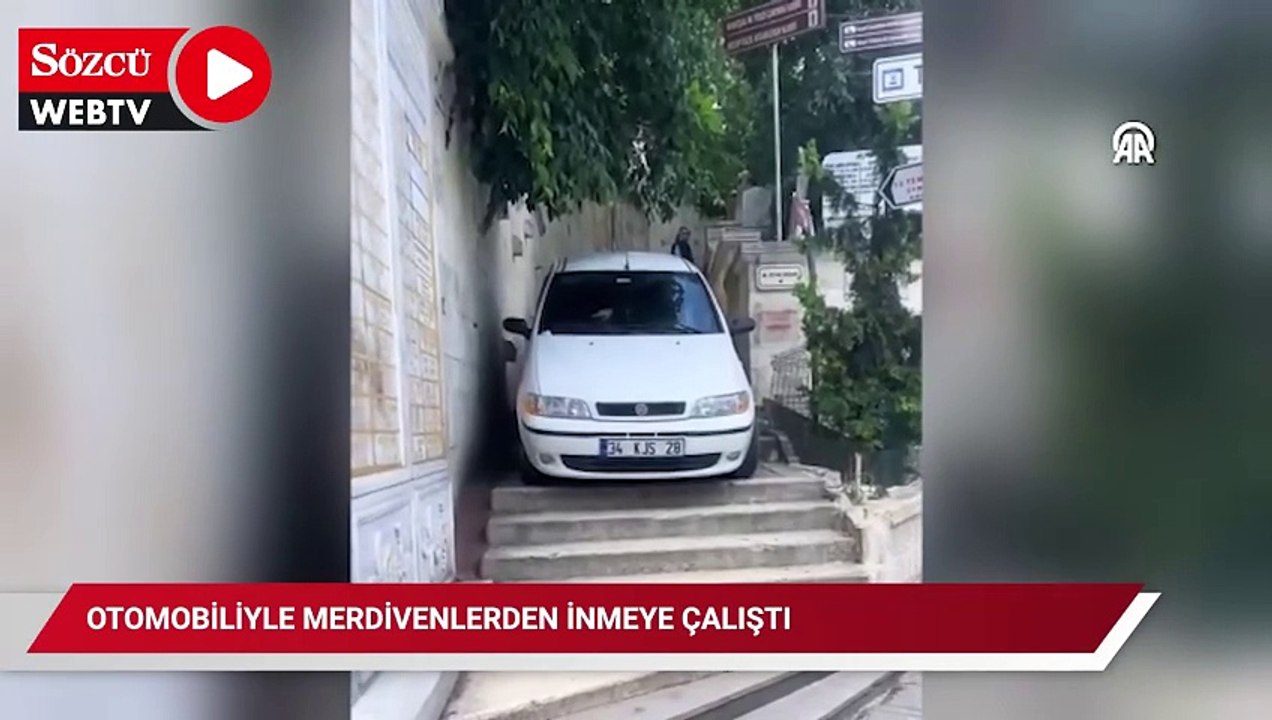 Eyüpsultan'da sürücünün otomobiliyle merdivenlerden inmeye çalışması kamerada