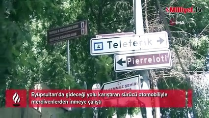 Otomobiliyle merdivenlerden inmeye çalıştı