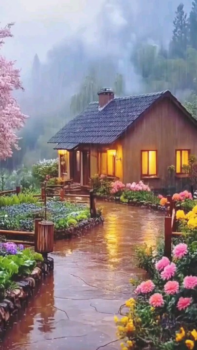 Spring Garden Resort: Misty Morning Reflections Beneath Cherry Blossoms and Colorful Blooms in a Peaceful, Serene Retreat.#reelit#viral#trending#resort#room#home#house#bedroomoasis#lounge#courtyard#terrace#raining#cozy#tourism