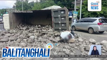 Truck na nawalan umano ng preno, tumagalid at natapon ang kargang mga bato; 2, sugatan | Balitanghali