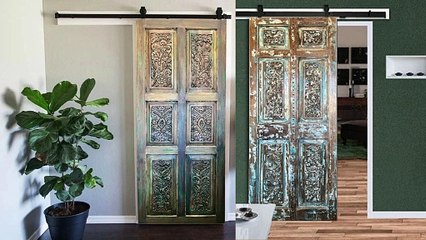 Rustic Modern Coastal: Carved Doors in Raw Woods with a Pop of Color